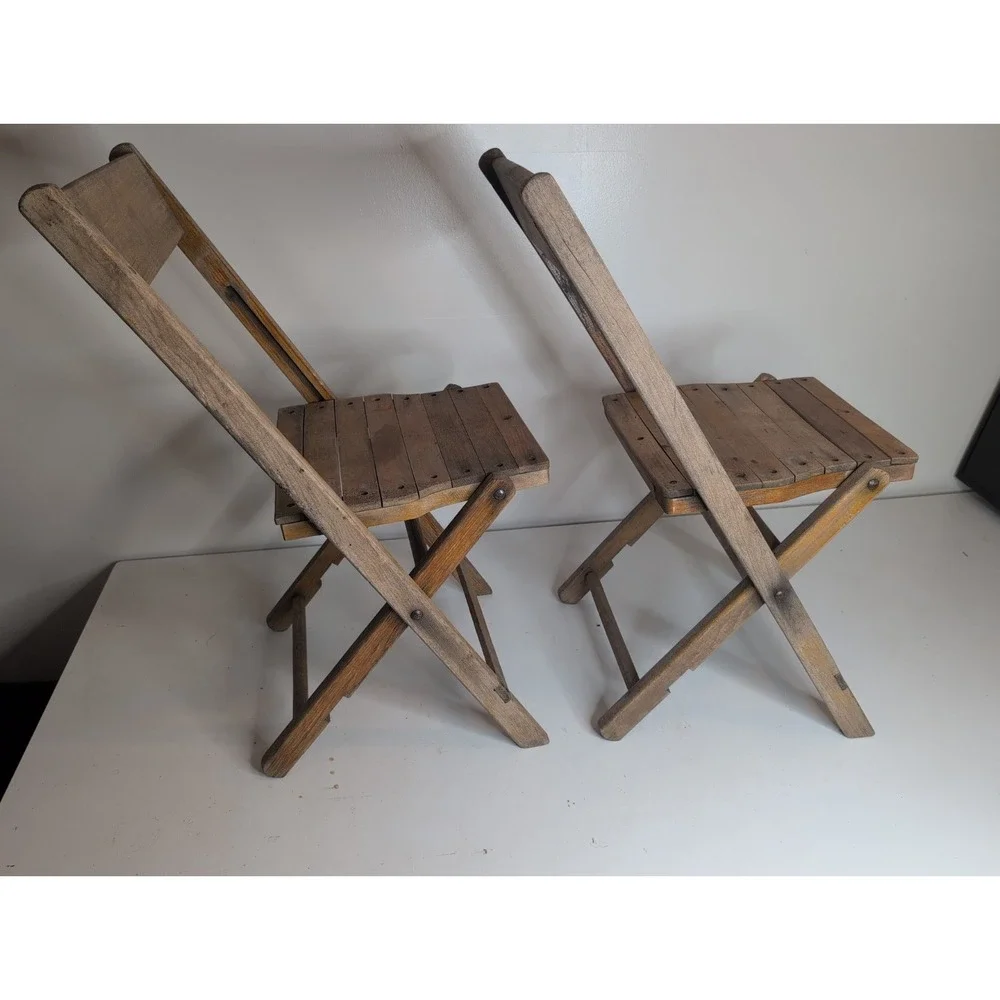 Lot Of 2 Antique Vintage Slat Wood Folding Chairs Snyder Chair Co. USA